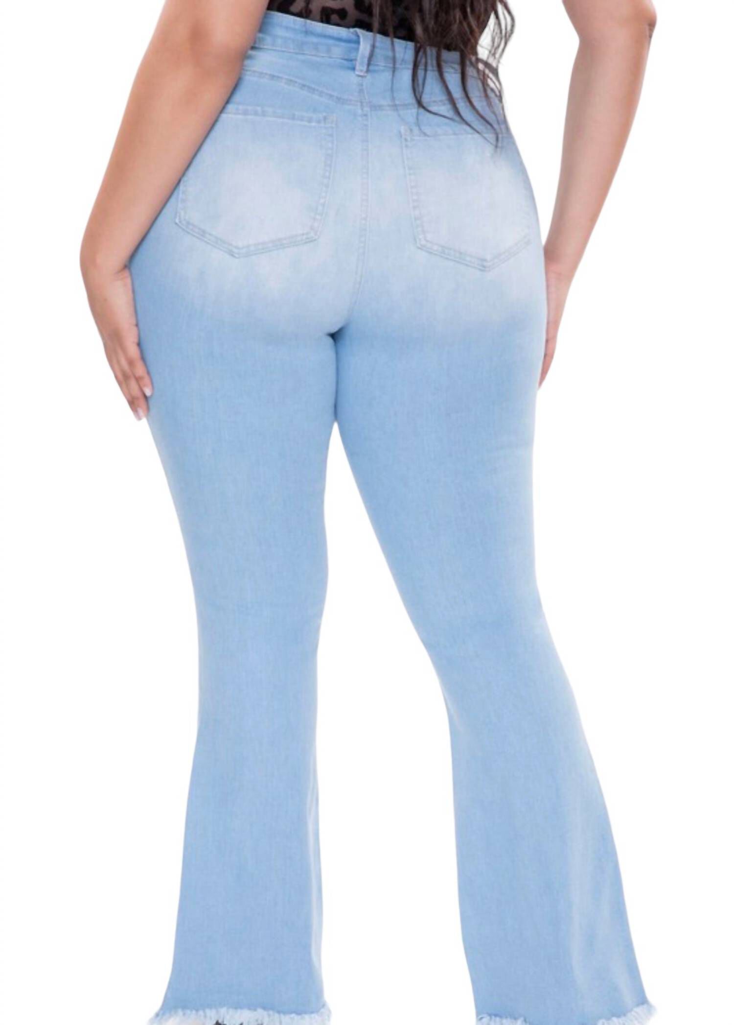 SINGLE BUTTON HIGH RISE SUPER FLARE JEANS, Light Blue Rips / Light Blue, alternate image number 3