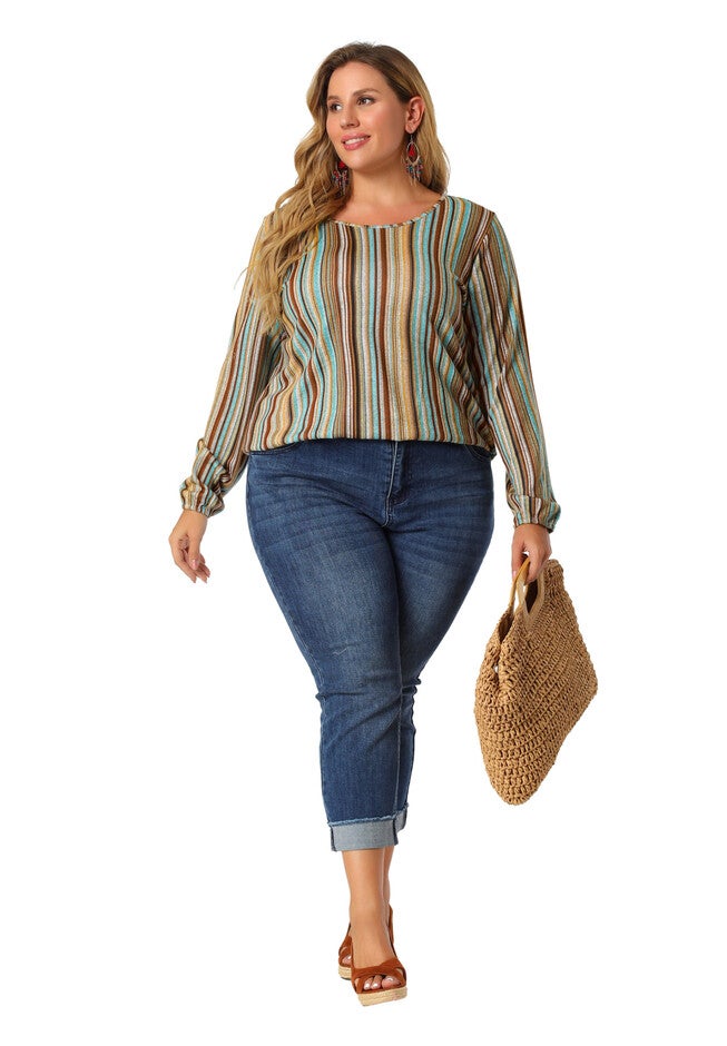 Boho Color Block Elastic Cuff Long Sleeve Striped Top, Multicolor / Turquoise, hi-res image number 0