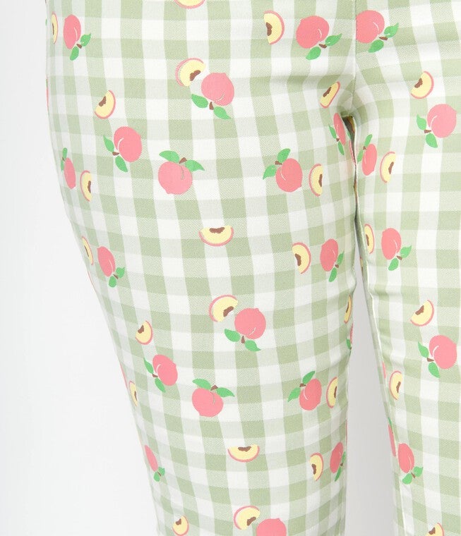 UNIQUE VINTAGE LIGHT GREEN GINGHAM & PEACHES RACHELLE CAPRI PANTS, Green Gingham / Light Green, alternate image number null