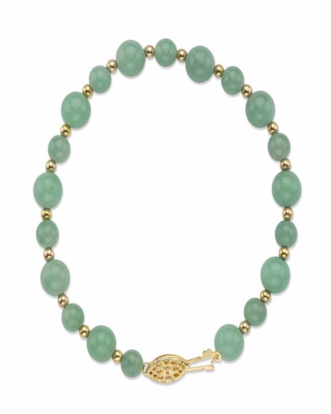 Genuine Green Jade 14k Gold-plated Sterling Silver Beaded Bracelet 8 inches, Green / Forest Green, alternate image number 1