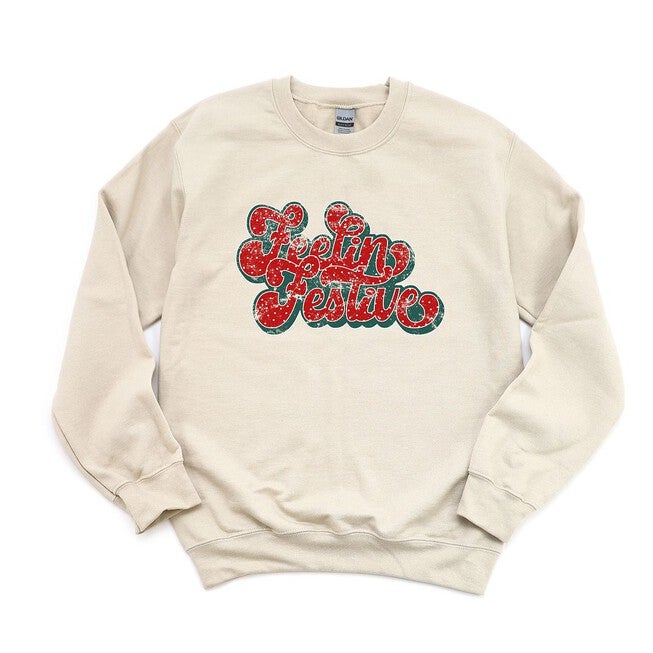 Distressed Feelin Festive Graphic Sweatshirt, Dust / Cream, hi-res image number 0