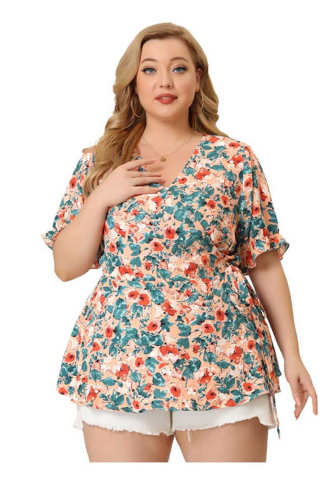 Floral Ruffle Sleeve Faux Wrap Peplum Blouse Top, Pink / Pink, alternate image number null