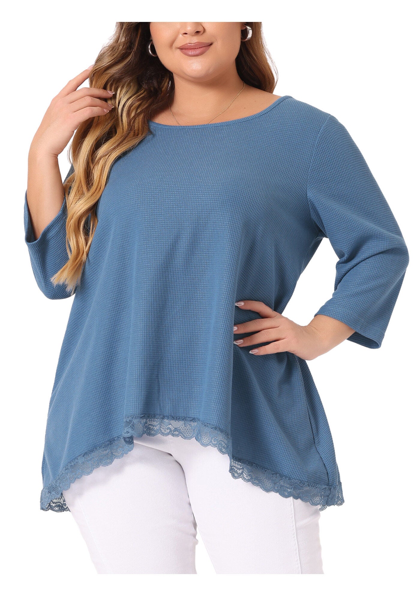 Waffle 3/4 Sleeve Lace Panel Loose High Low Hem Blouse Top, Blue / Cornflower Blue, alternate image number 2