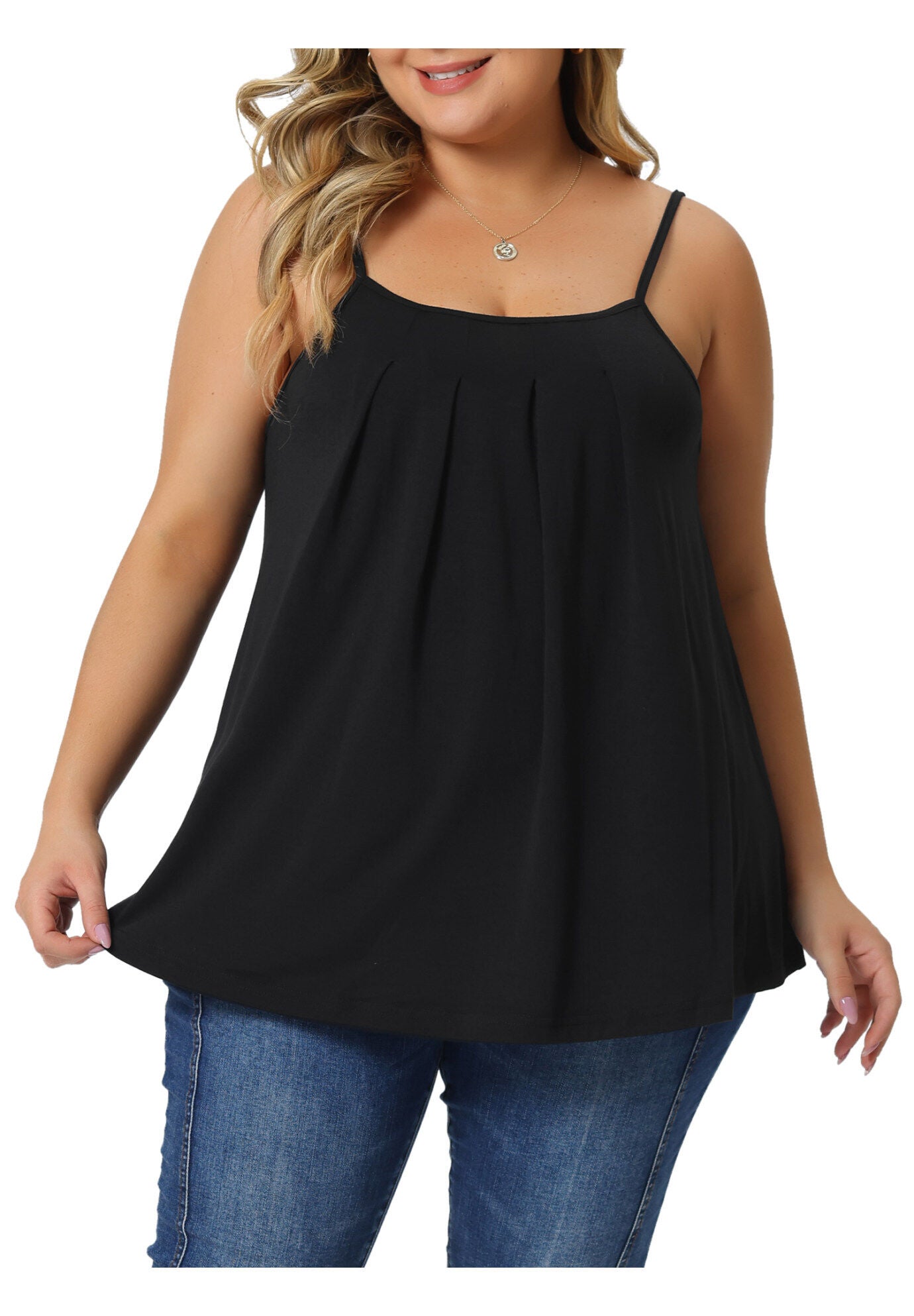 PLEATED SLEEVELESS LOOSE CAMISOLE TANK TOP, Black / Black, alternate image number 1