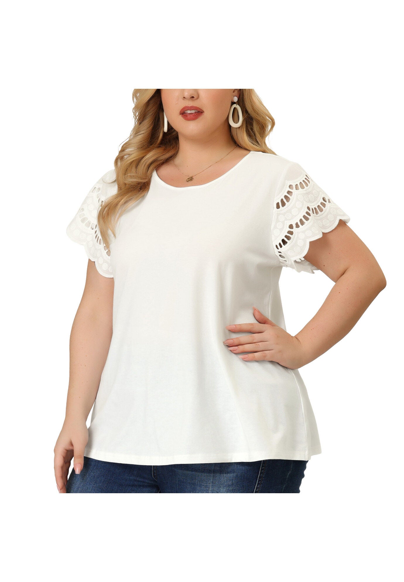 Lace Panel Hollow Short Sleeve Summer Blouse, White / White, alternate image number 3