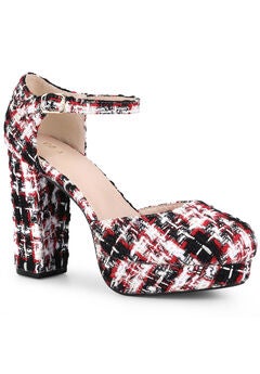 Round Toe Platform Tweed Chunky Heels Pumps