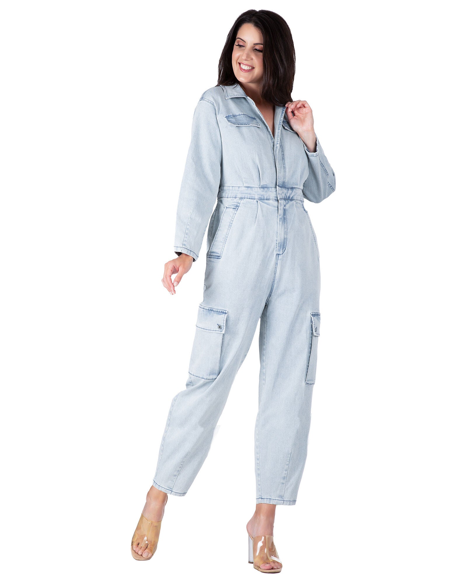 Portia Women&#39;s Long Plus Size Sleeves Denim Cargo Jumpsuit, Bleached Blue / Light Wash, alternate image number 3
