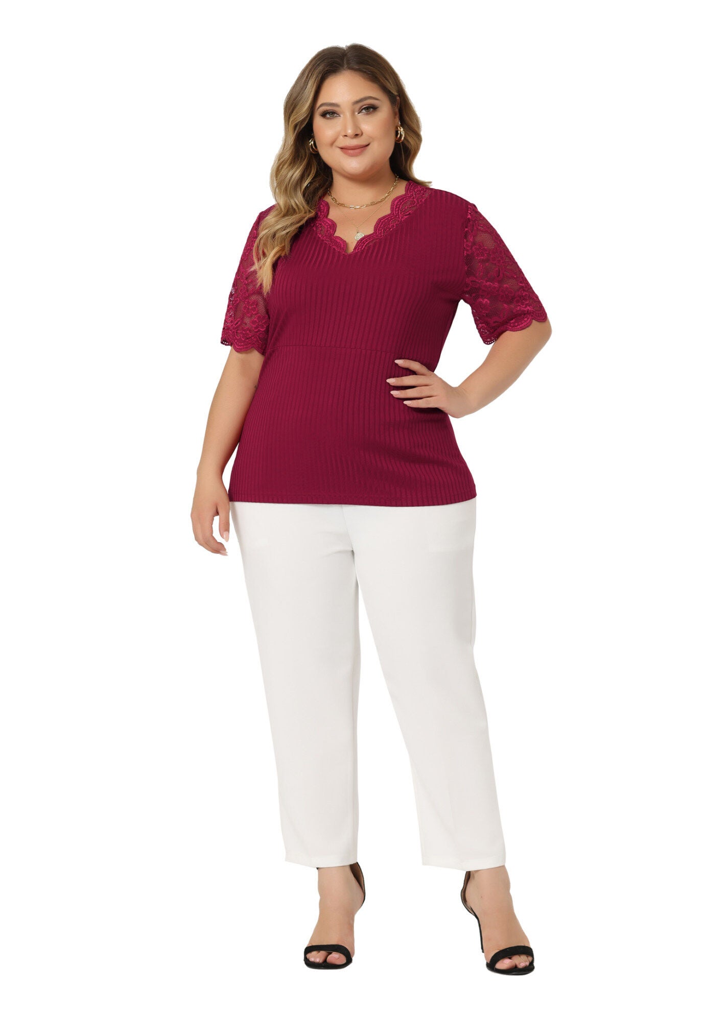 V Neck Short Sleeve Lace Ribbed Knit Tunic Top, Burgundy / Burgundy, hi-res image number 0