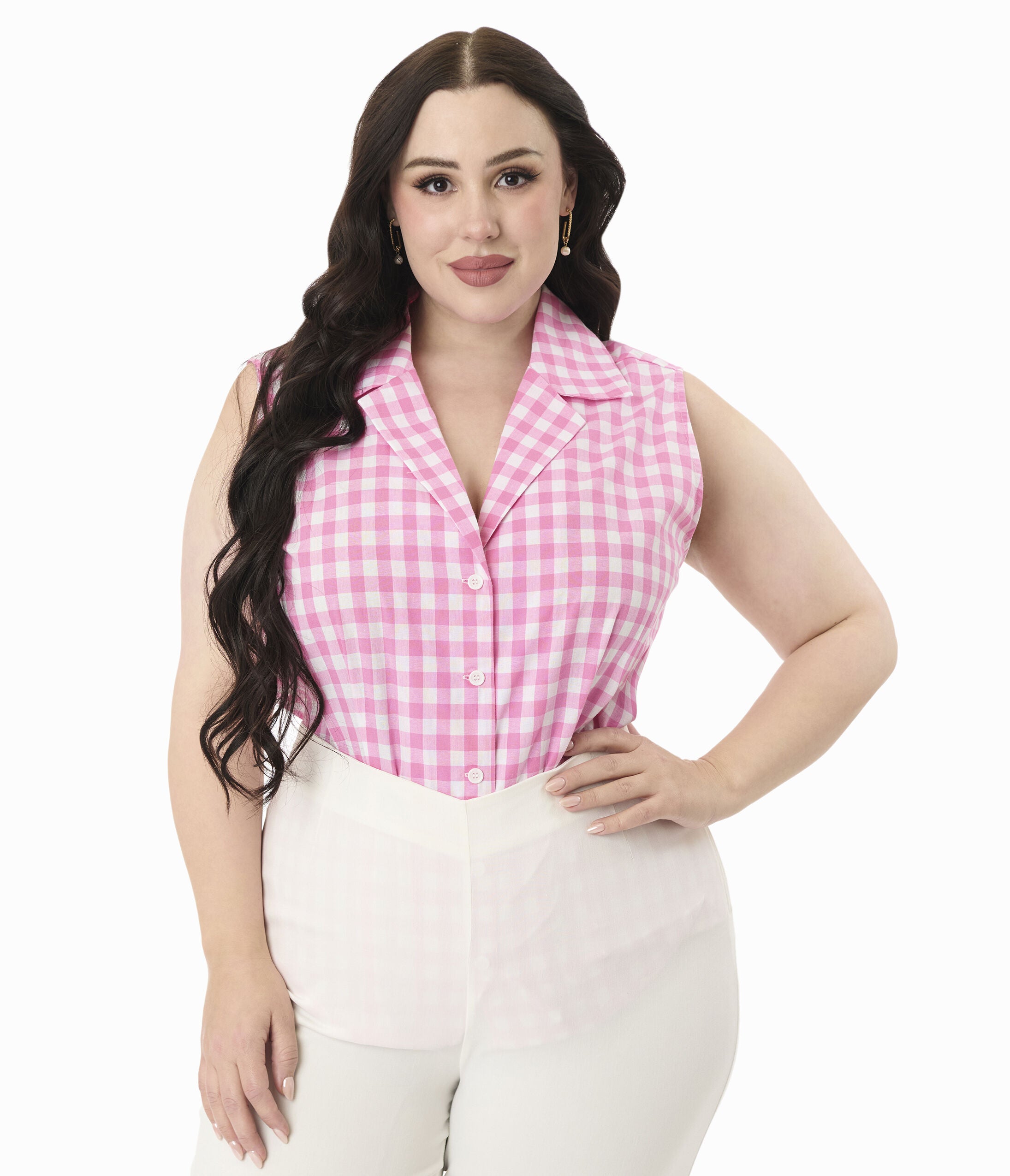 Unique Vintage Plus Size Pink & White Gingham Notched Collar Cotton Blouse, Pink / Pink, hi-res image number 0
