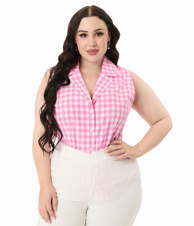 Unique Vintage Plus Size Pink & White Gingham Notched Collar Cotton Blouse, Pink / Pink, hi-res image number 0