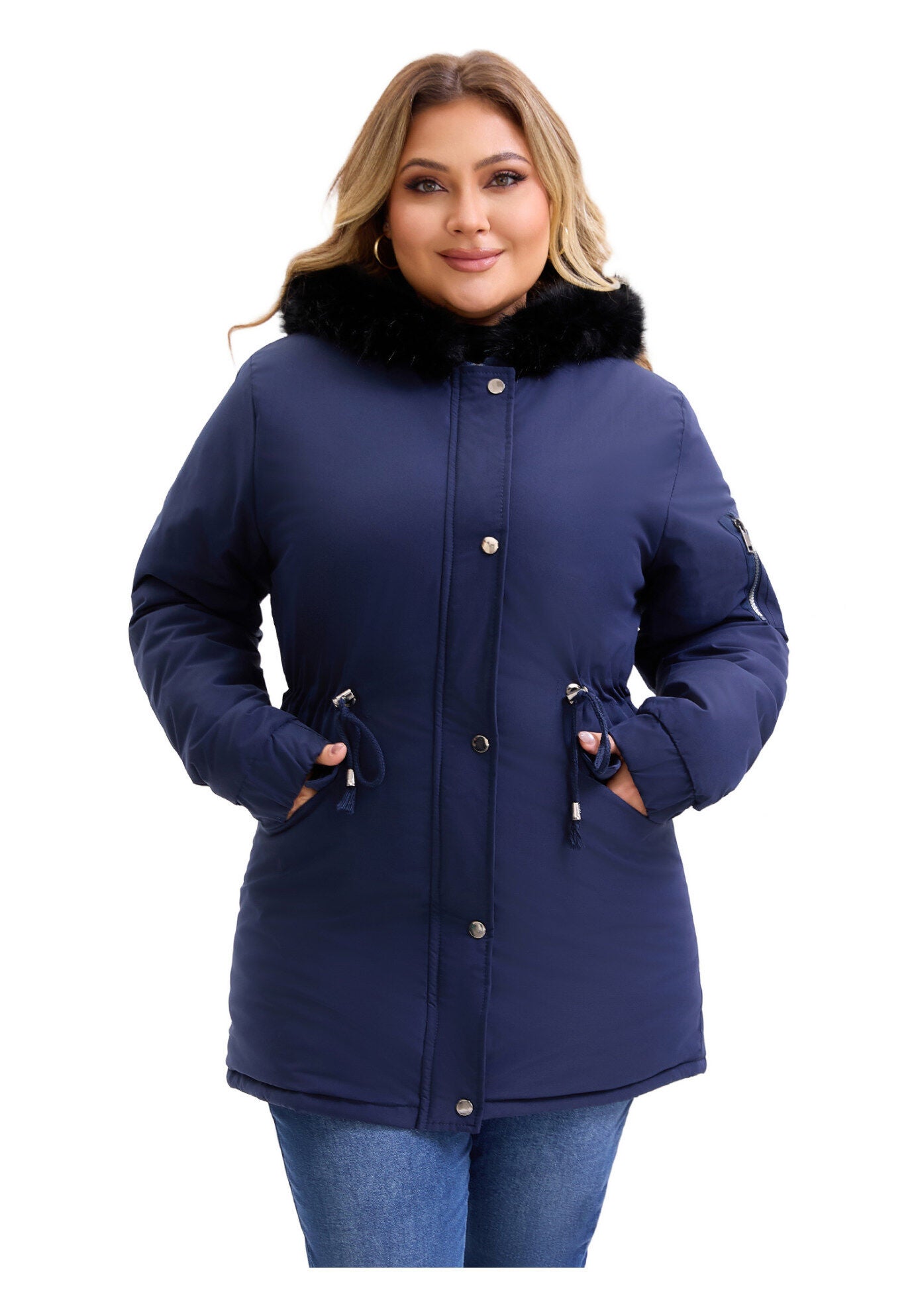 Drawstring Waist Fleece Winter Coat with Pockets, Navy Blue / Navy, alternate image number 2
