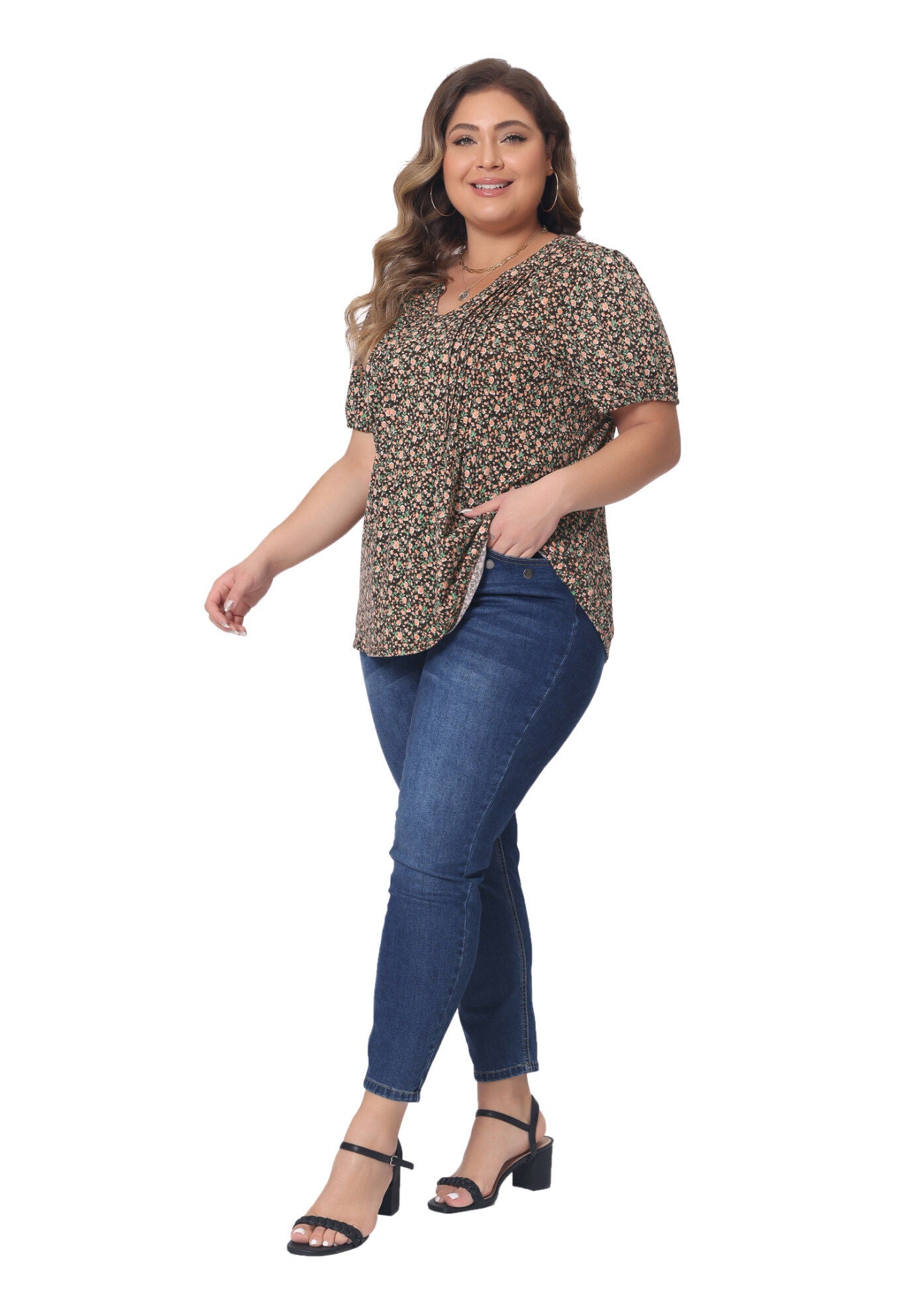 Short Sleeve Pleated T-Shirts Notched V Neck Blouse Floral Top, Brown / Brown, hi-res image number 0