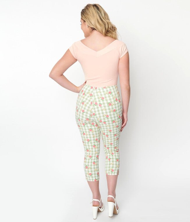 UNIQUE VINTAGE LIGHT GREEN GINGHAM & PEACHES RACHELLE CAPRI PANTS, Green Gingham / Light Green, alternate image number null