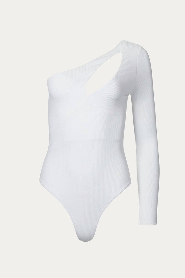 ONE-SLEEVE CUTOUT BODYSUIT IN OFF WHITE, Off White / White, hi-res image number 0