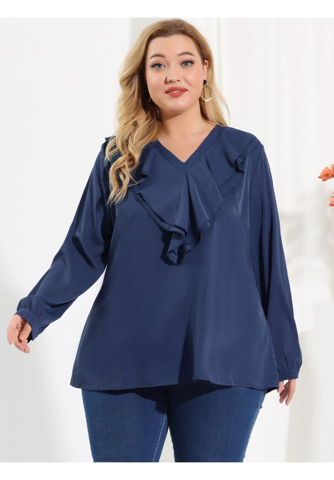RUFFLE BLOUSE CHIFFON V NECK LONG SLEEVE SHIRT TOP, Navy Blue / Navy, alternate image number 3