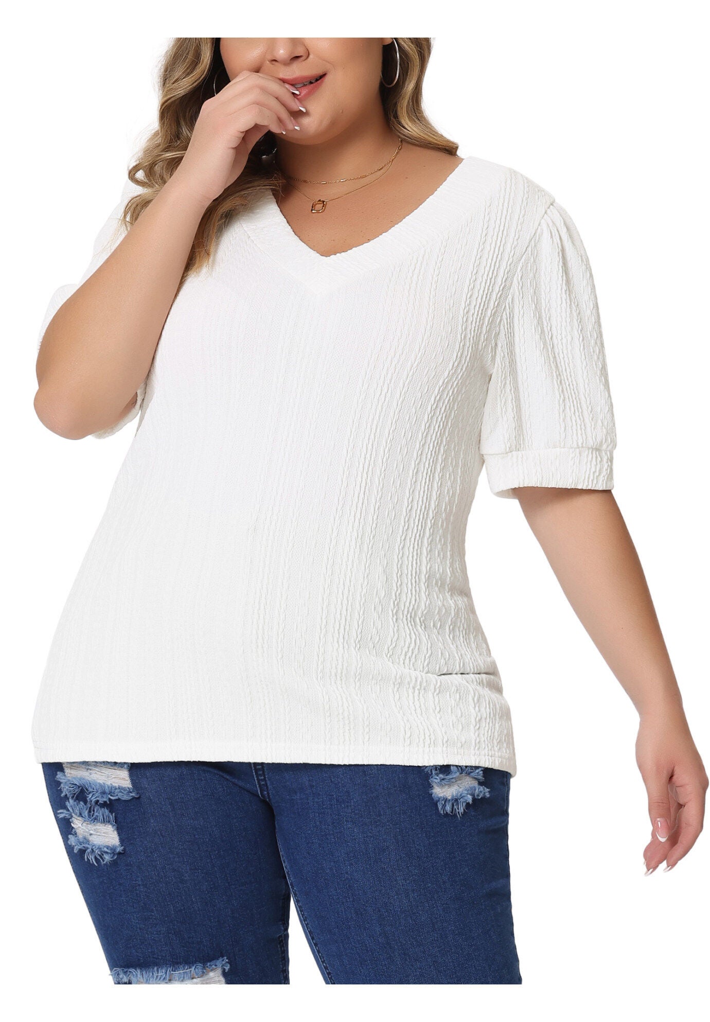 DEEP V NECK SHORT SLEEVE T-SHIRT CASUAL TOP, White / White, alternate image number 2