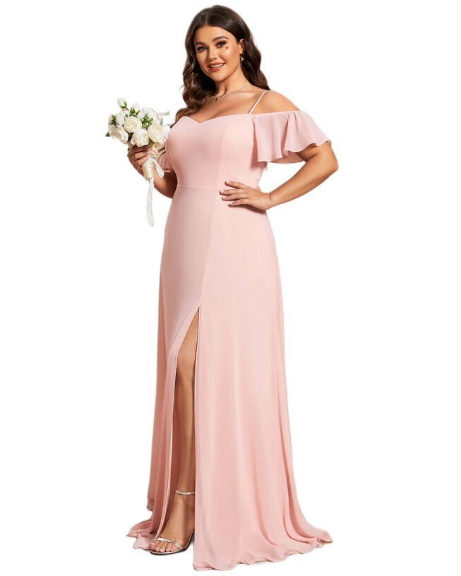 Stylish Cold Shoulder Flare Sleeves Flowy Bridesmaid Dress, Pink / Pink, alternate image number 3