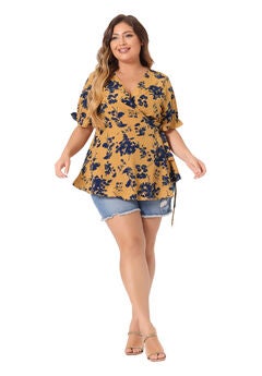 Floral Ruffle Sleeve Faux Wrap Peplum Blouse Top