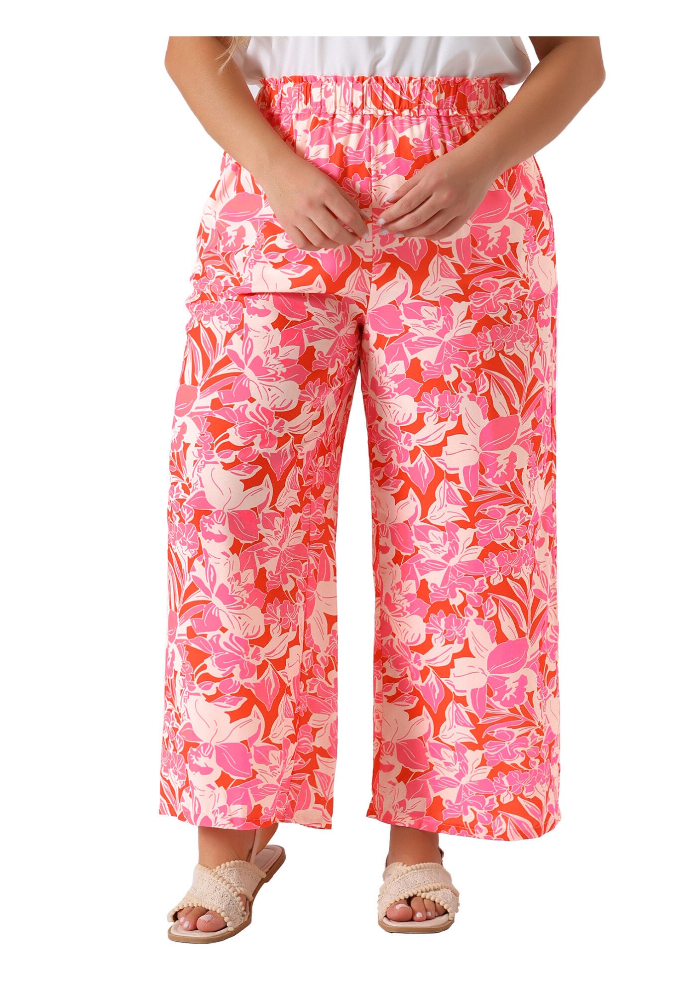 FLORAL PRINT HIGH WAIST WIDE LEG PANTS, Pink / Pink, alternate image number 1