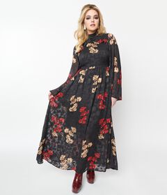 Unique Vintage Black Red & Gold Floral Bell Sleeve Maxi Dress