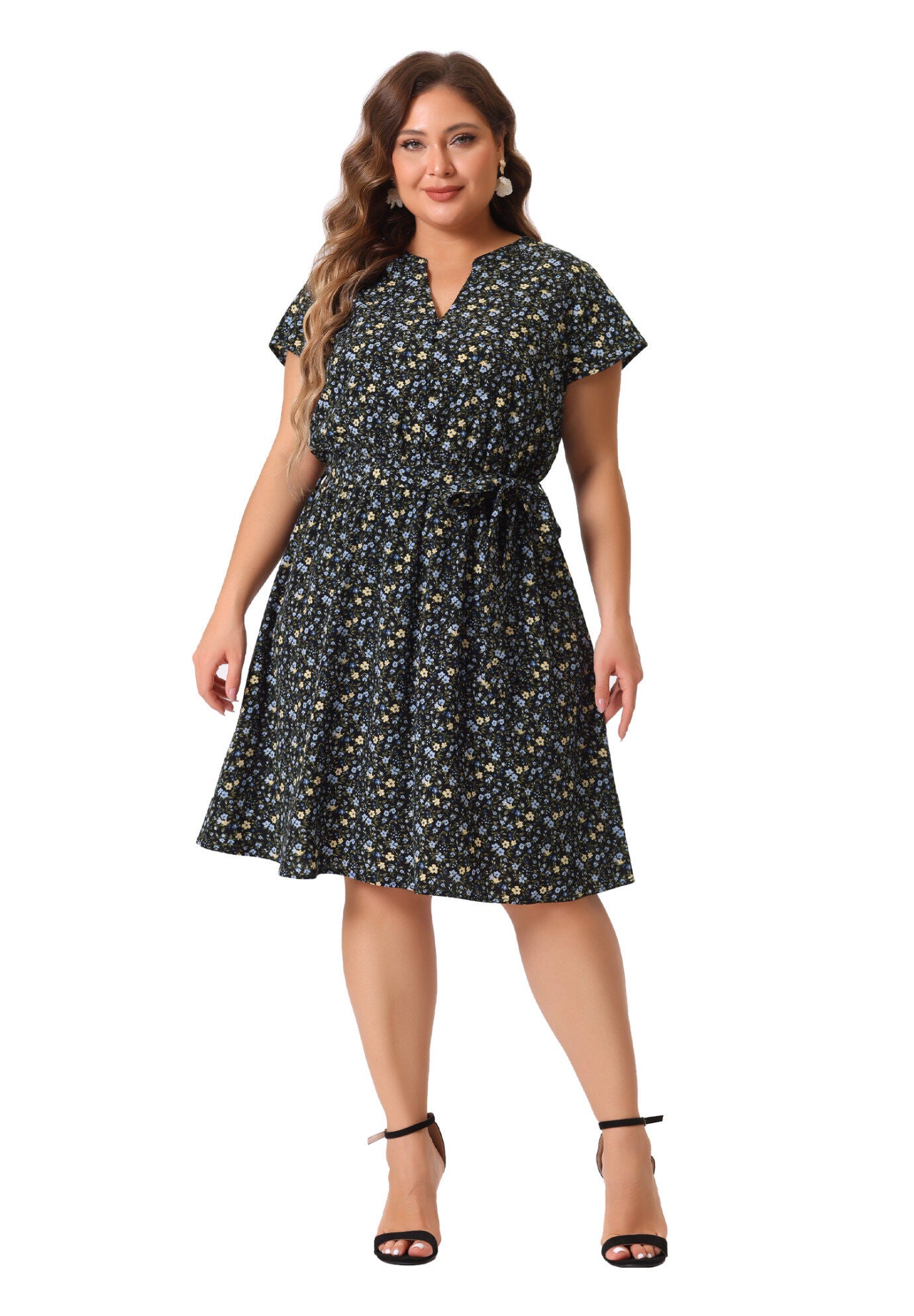 V Neck Belted Summer Floral Dress, Black Blue / Navy, hi-res image number 0
