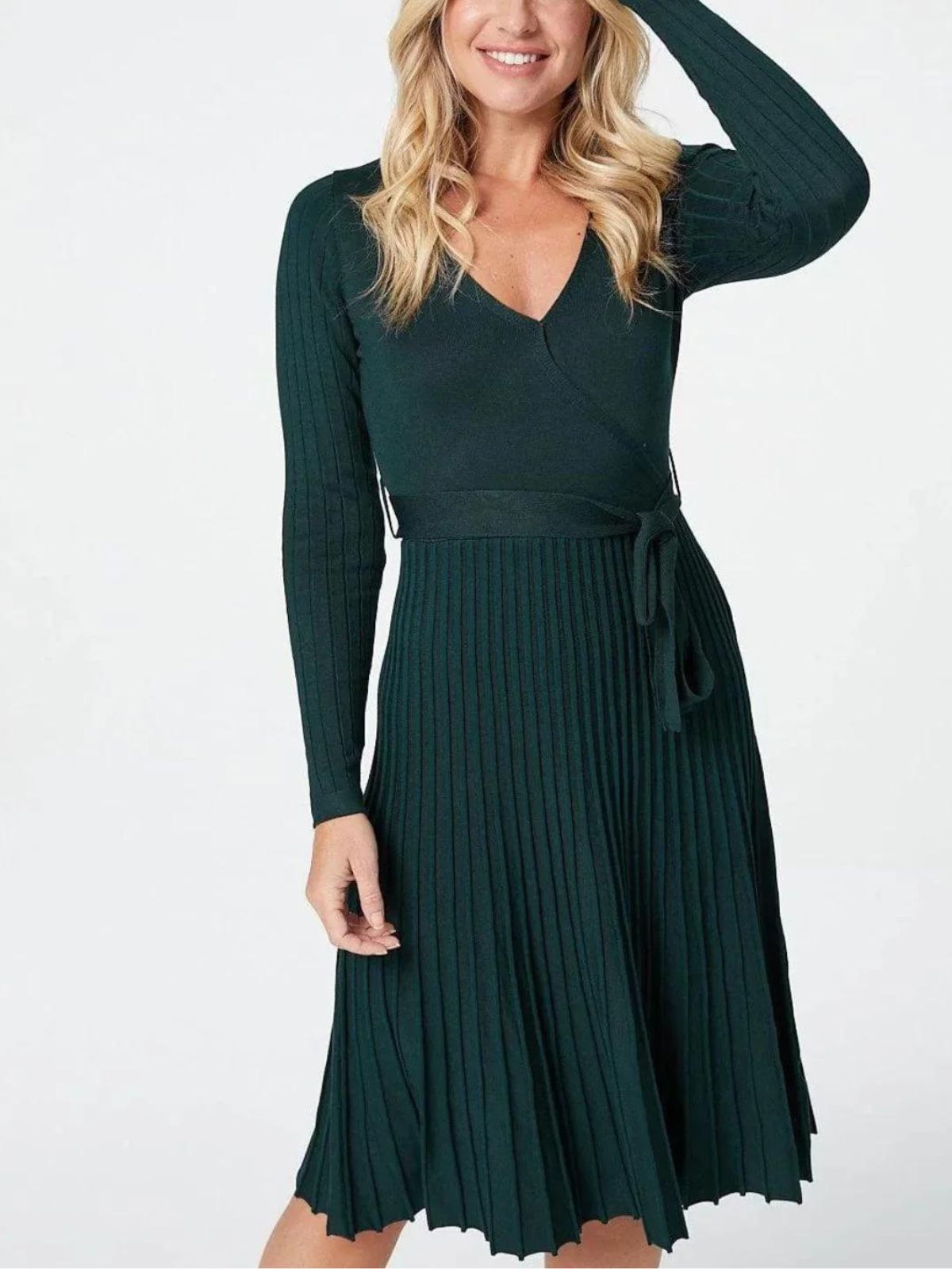Adelina Dress Knit Pleated Skirt Crossover Top, Green / Hunter Green, hi-res image number 0