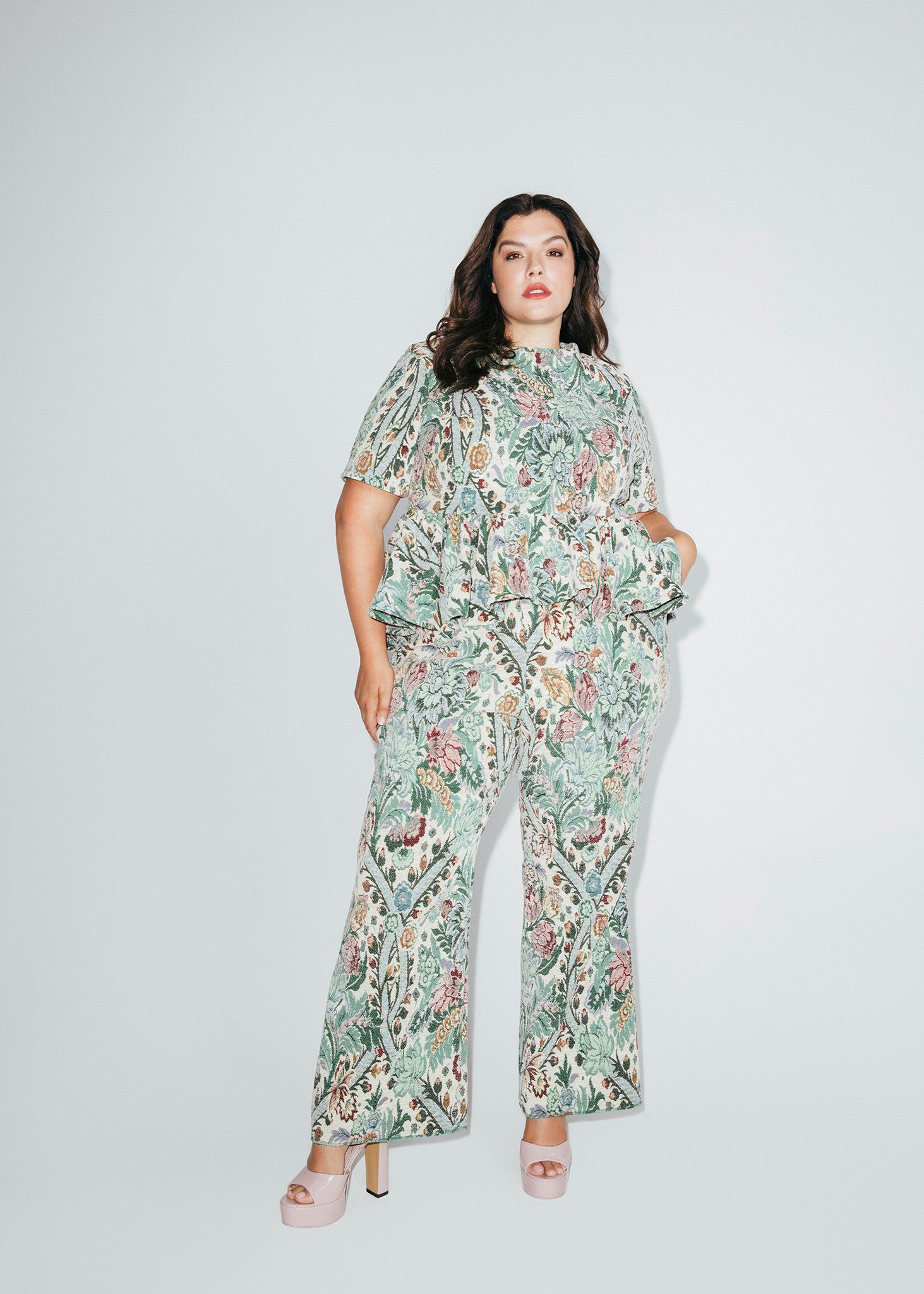 Jacquard Floral Ruffle Top, Multi Colour / Sage Green, hi-res image number 0