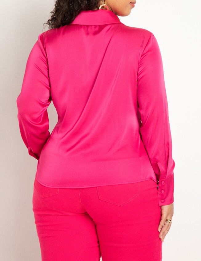 Satin Collared Blouse with Bow, Hot Pink / Pink, alternate image number null