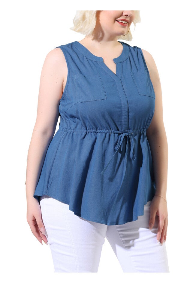 Sleeveless V Neck Drawstring Waist Chambray Tank Shirt, Blue / Chambray Denim Medium, alternate image number 1