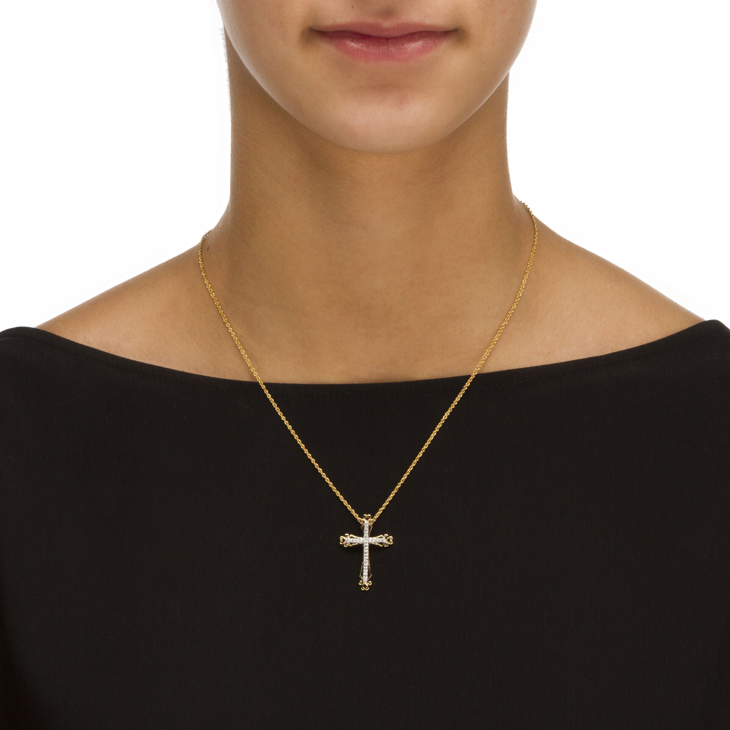 Diamond Accent Cross Pendant Necklace in Gold-Plated Sterling Silver, White / White, alternate image number 2