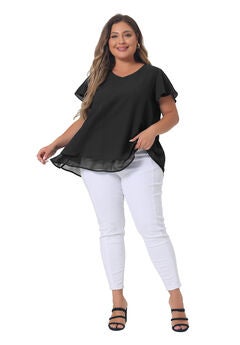 Summer Top Ruffle Short Sleeve V Neck Double Layered Hem Chiffon Blouse