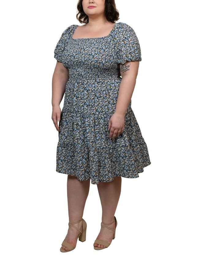 Scarlette Dress Fit Flared Tiered Ditsy Flowers Blue, Blue / Navy, alternate image number 3
