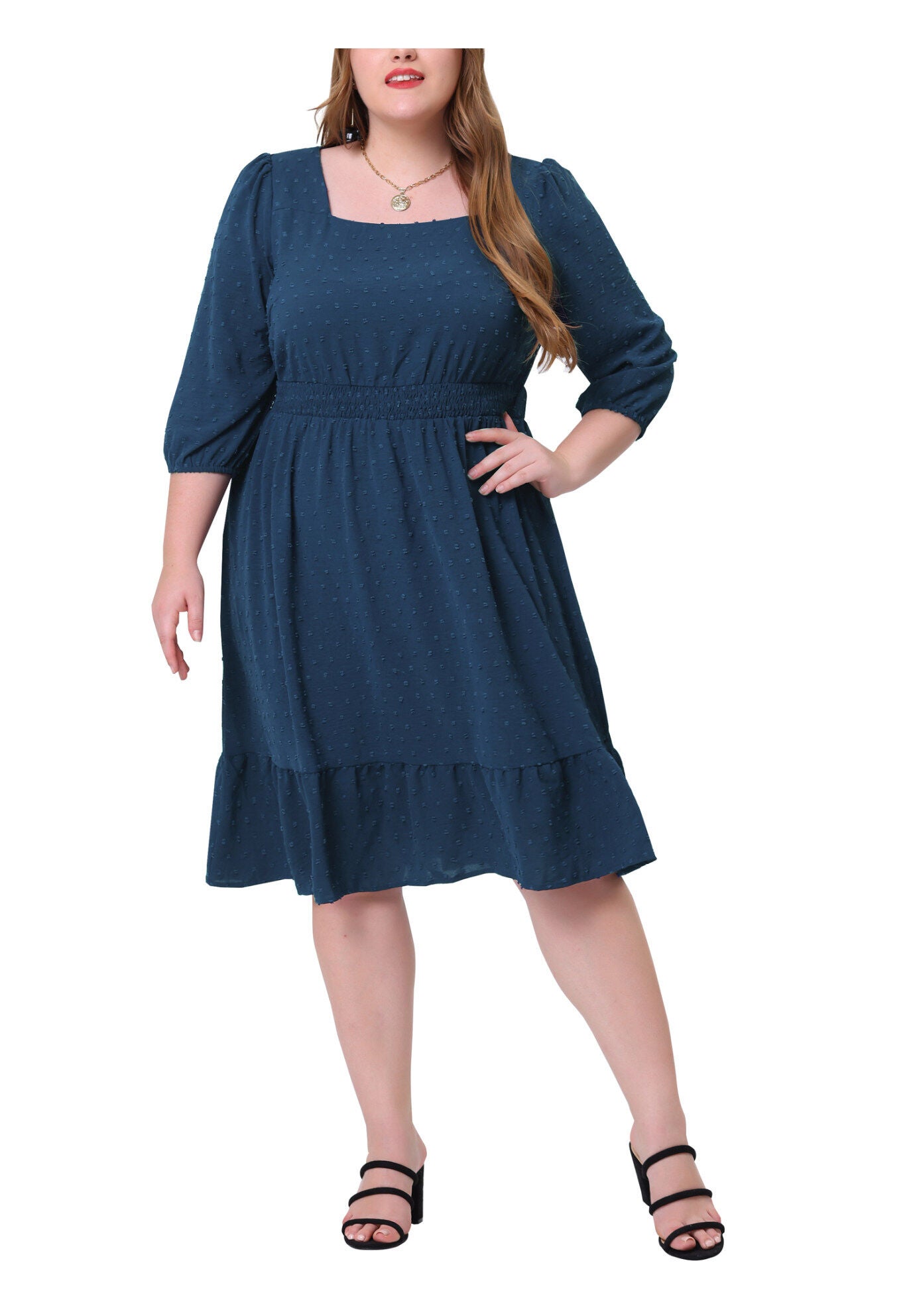 Swiss Dots Bohemian Square Neck Midi Chiffon Dress, Blue / Navy, alternate image number 1