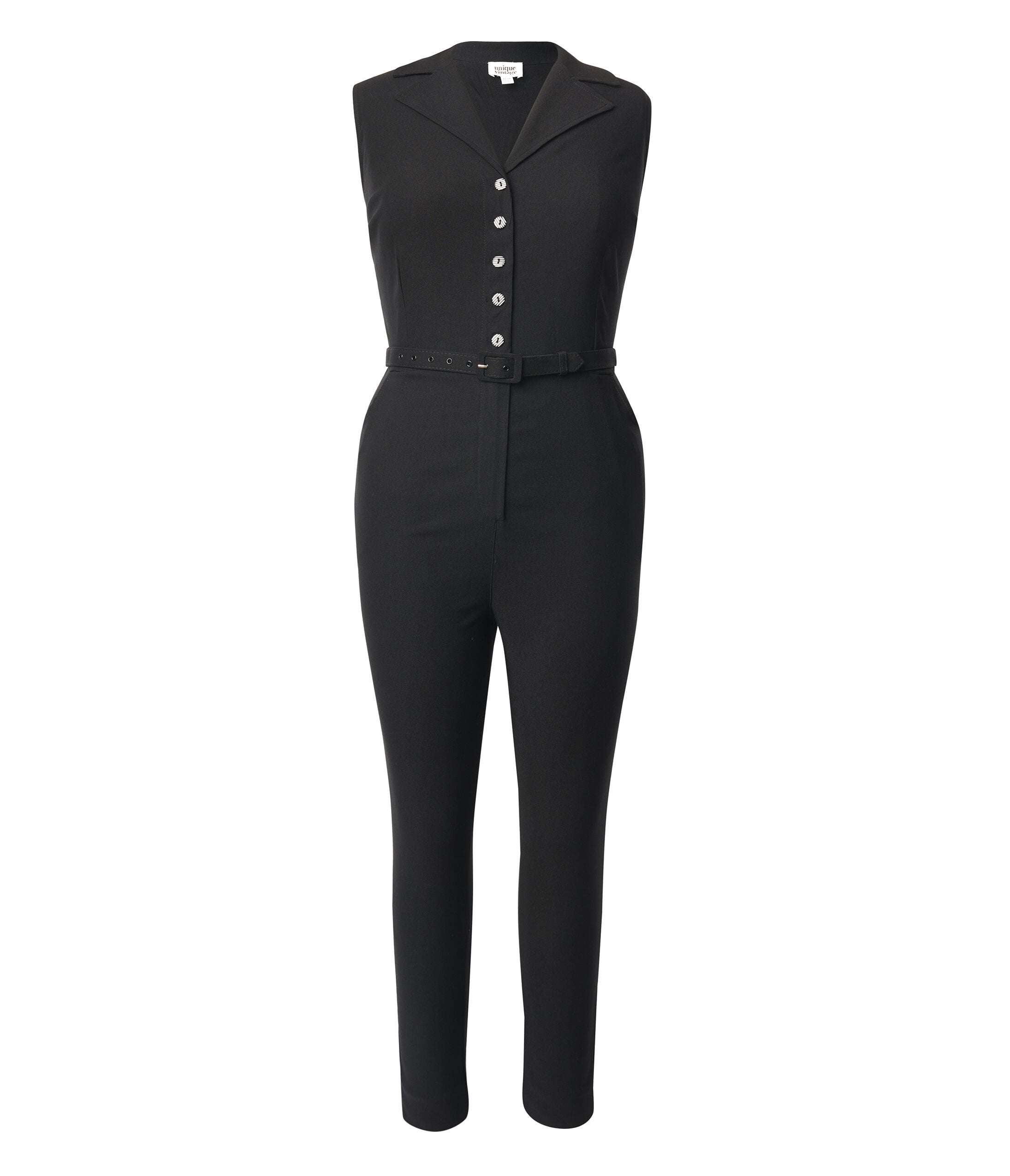 Unique Vintage Black Belted Skinny Jumpsuit, Black / Black, hi-res image number 0
