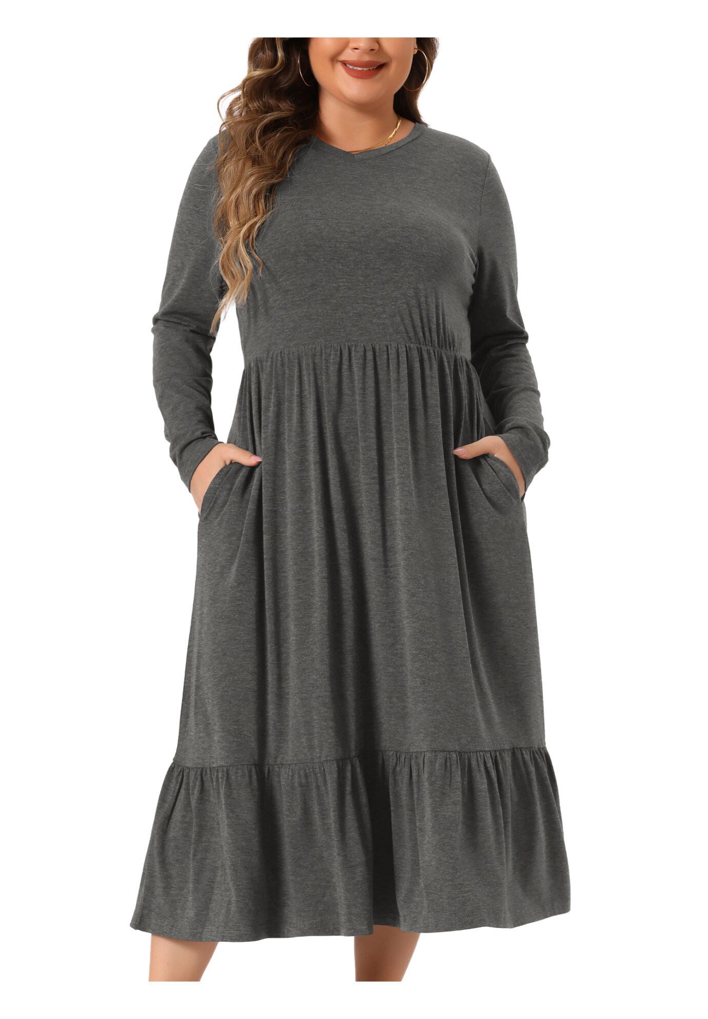 V Neck T Shirts Flowy Tiered A-Line Dress with Pockets, Gray / Charcoal Grey, alternate image number 2