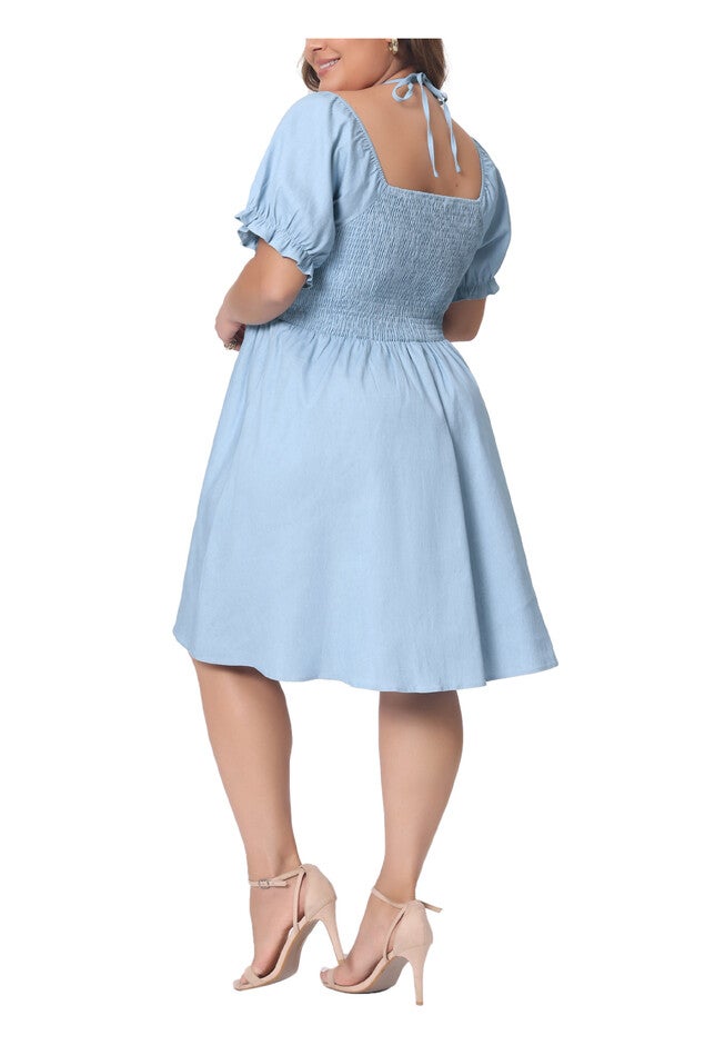 Summer Sweetheart Neck Self Tie Front Puff Sleeve Back Elastic Dress, Light Blue / Light Blue, hi-res image number null