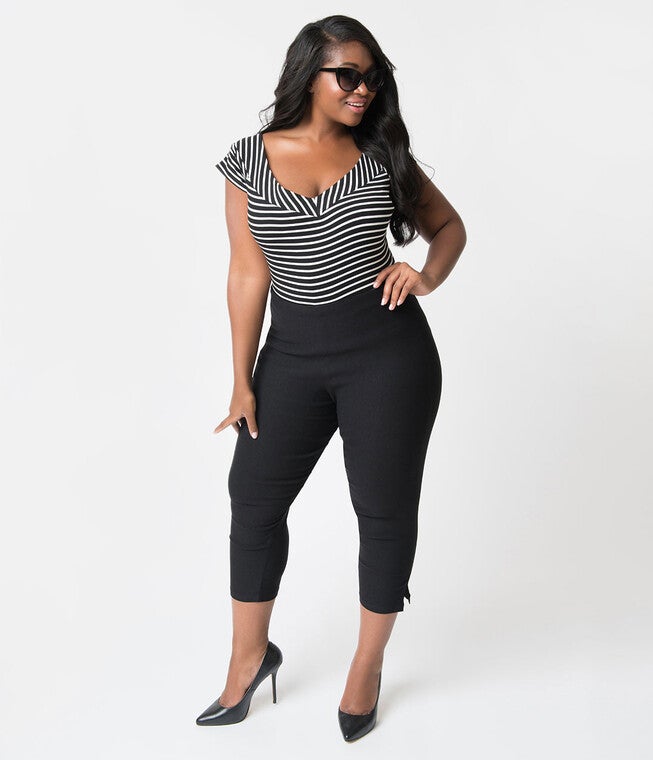 Unique Vintage 1950s Black High Waist Rachelle Capri Pants, Black / Black, hi-res image number 0