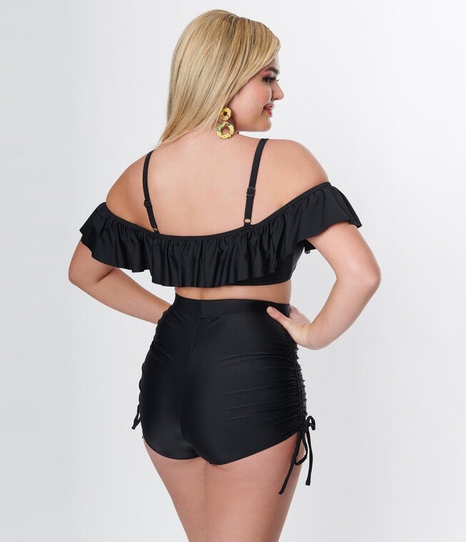 Unique Vintage Black Ruffle Swim Top, Black / Black, alternate image number 4