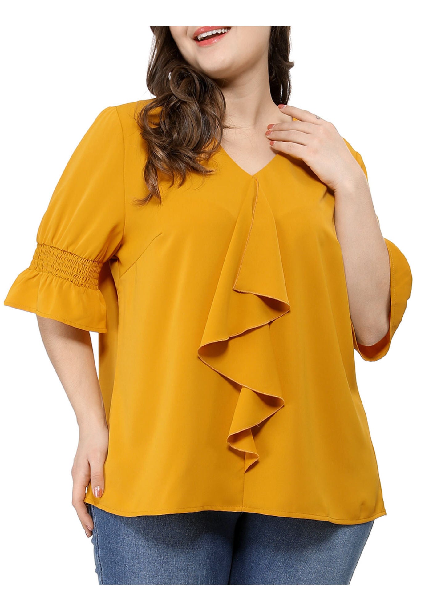 Ruffle Blouse V Neck Smocked Sleeves Top, Yellow / Yellow, alternate image number 3