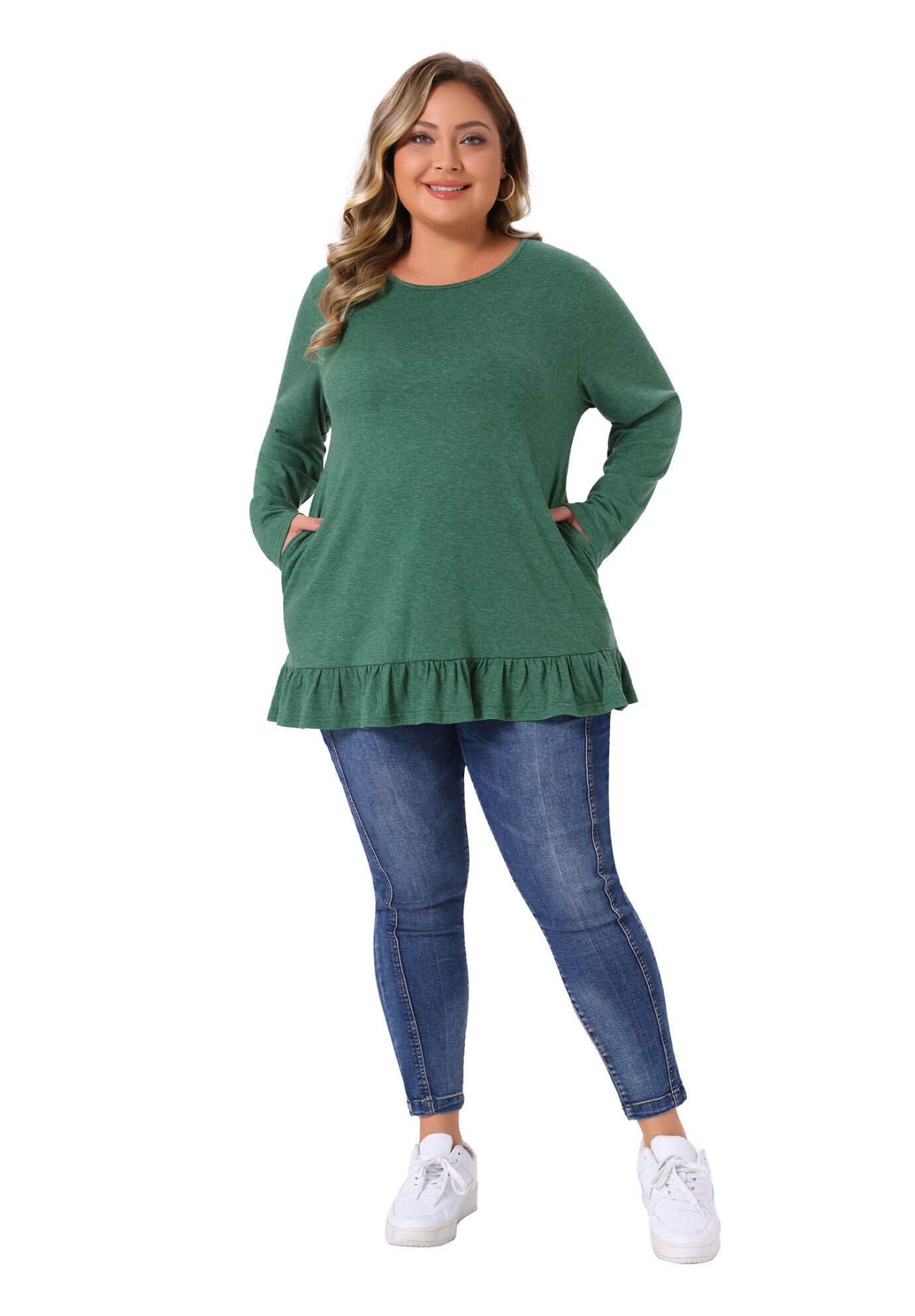Crew Neck Ruffled Hem Flowy Blouses with Pockets, Green / Light Green, hi-res image number 0