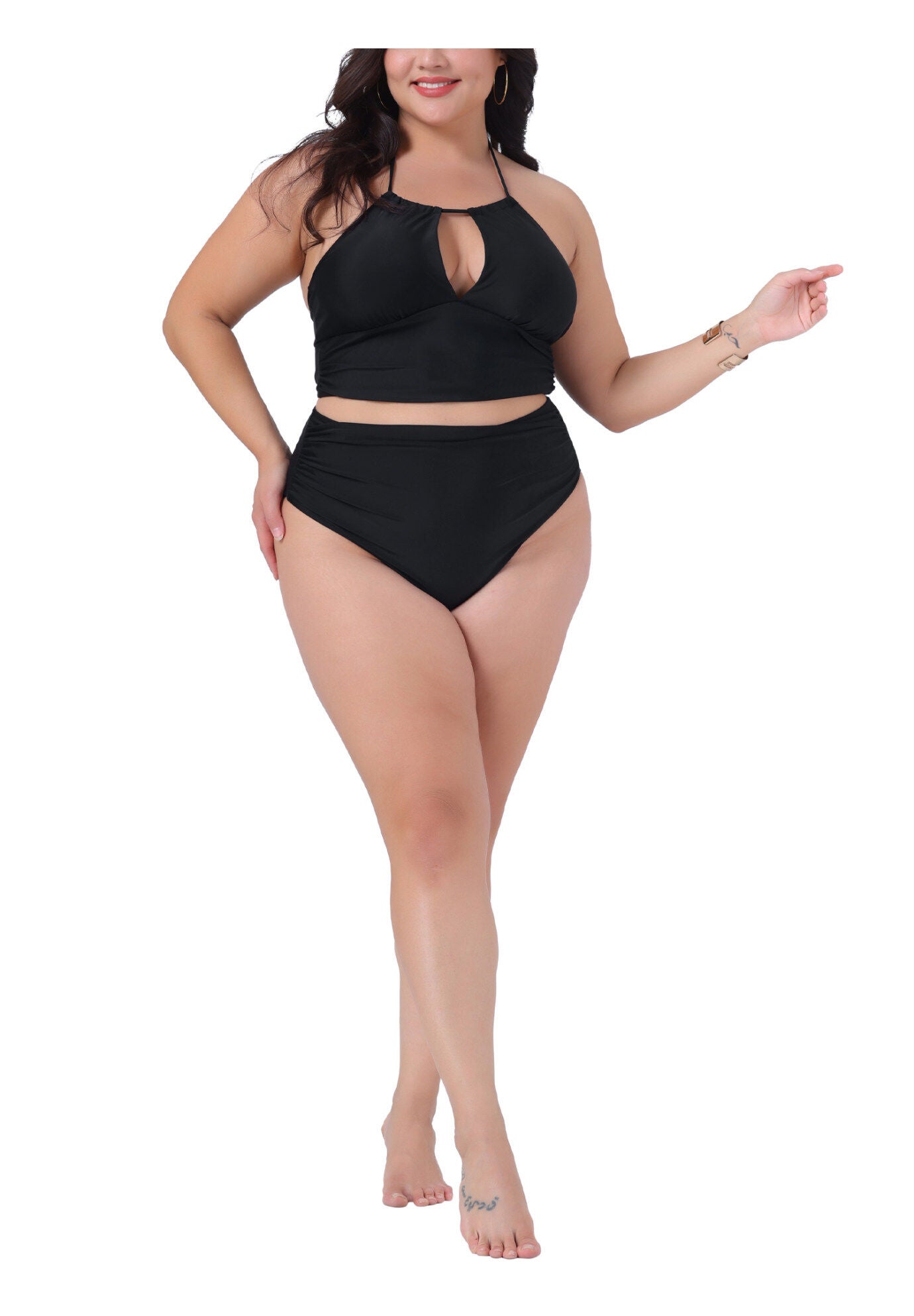 2 Piece Halter Ruched Polka Dots Solid High Waisted Swimsuit Set, Black / Black, hi-res image number 0