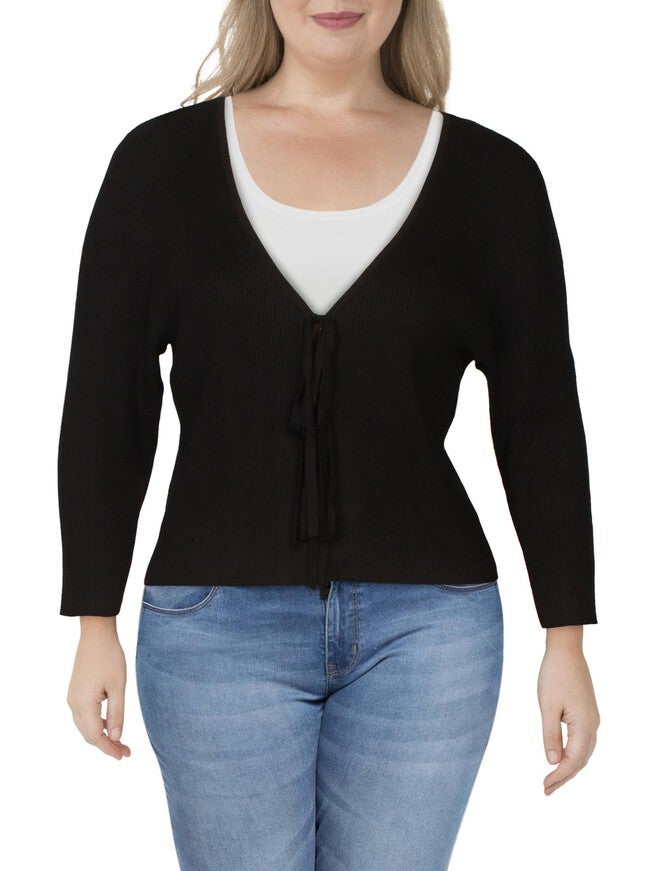Danielle Bernstein Women's Plus Ribbed Tie Front Cardigan Sweater Black Size 3X, Black / Black, hi-res image number 0