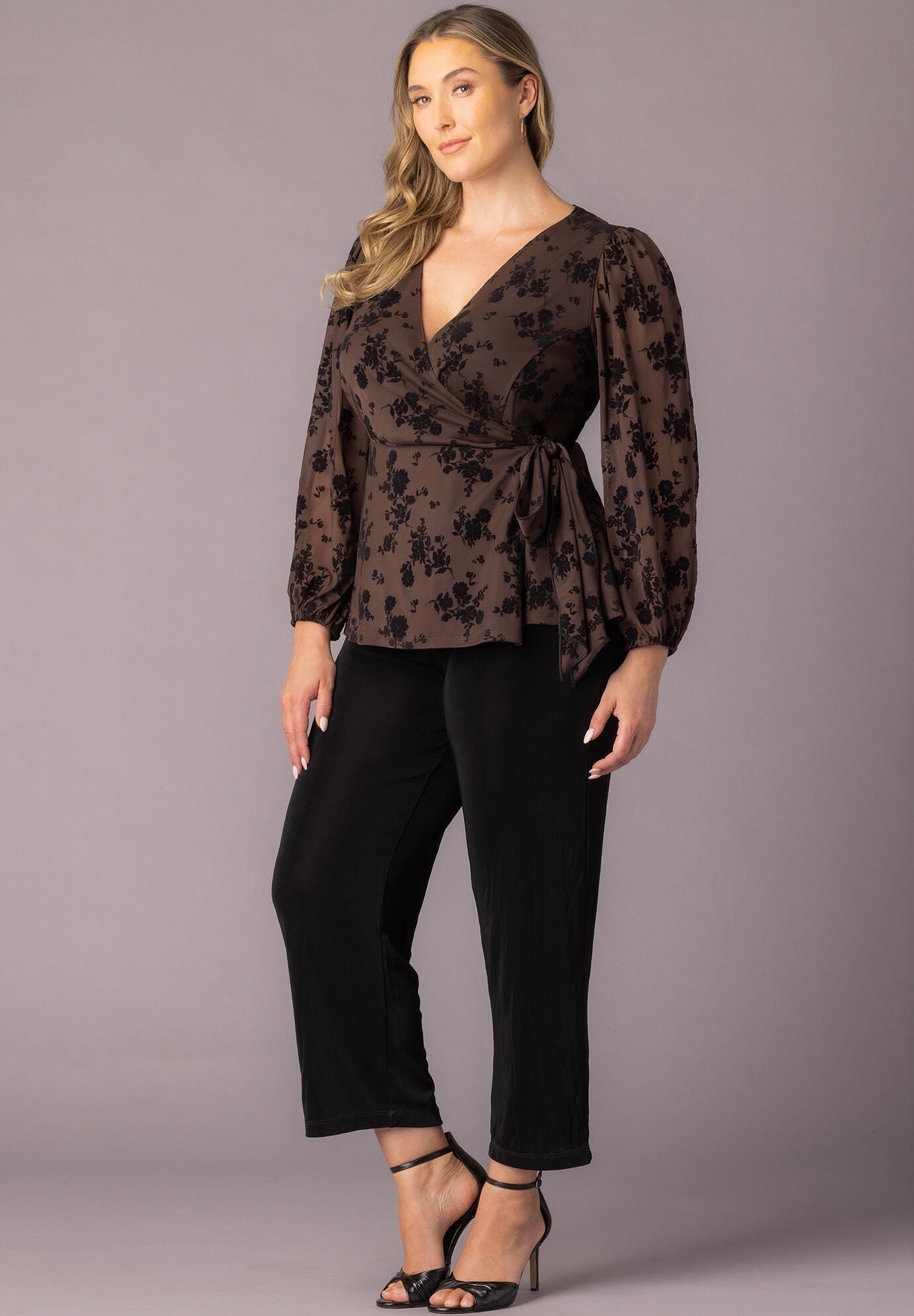 Alissa Long Sleeve Wrap Top, Sable Flocked Florals / Brown, alternate image number 5