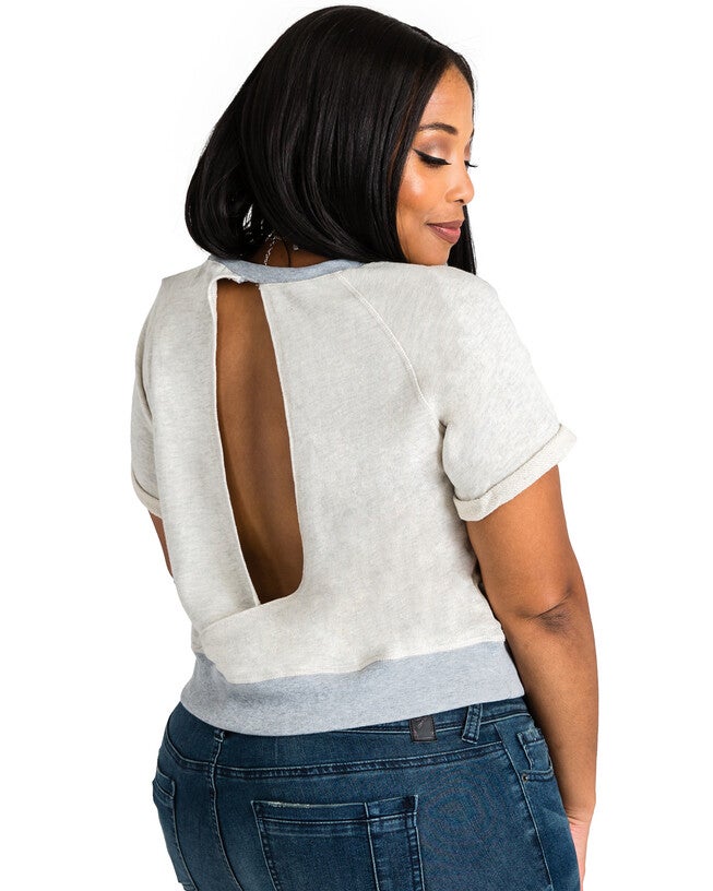Plus Size Curvy Women French Terry Open Back Dropped Shoulder Top, Oatmeal / Light Grey, alternate image number 1