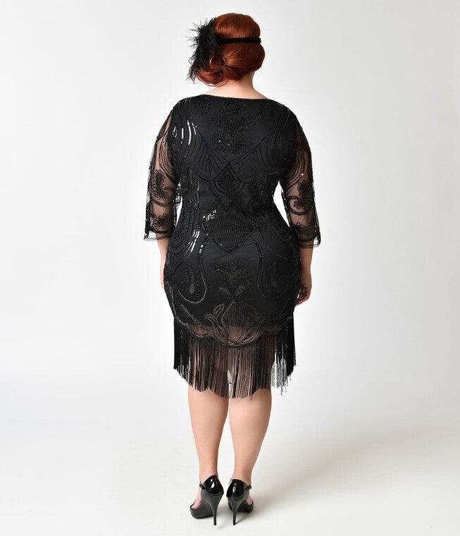 Unique Vintage 1920s Black Beaded & Sequin Margaux Sleeved Fringe Flapper Dress, , alternate image number 6