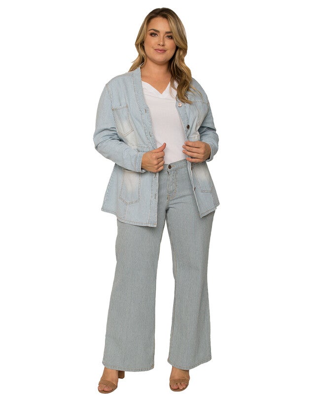 Marie Plus Size Pinstripe Denim Collarless Jacket, , alternate image number null