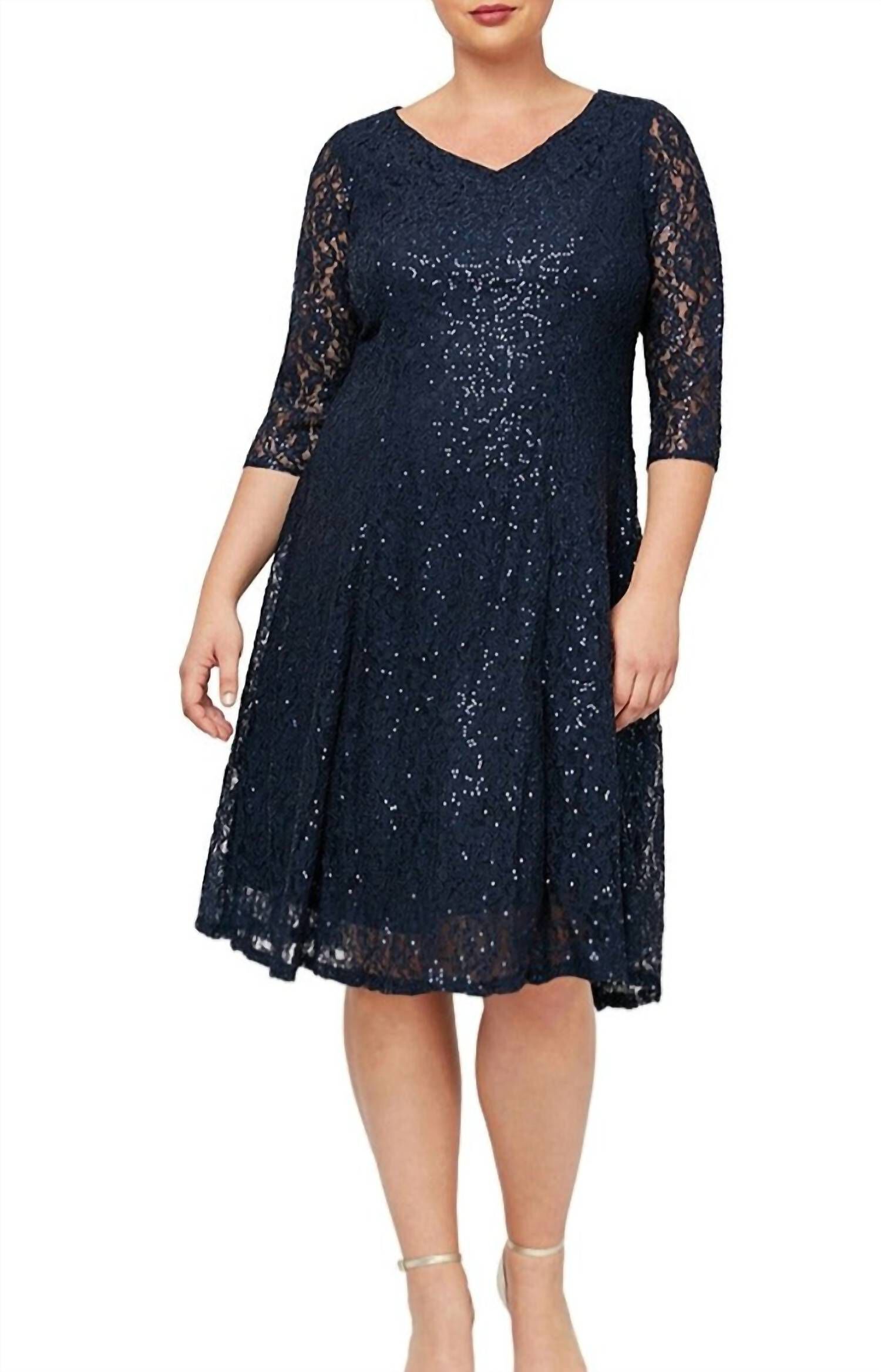 Sleeved Sweetheart Neck Sequin Lace Dress In Navy, Navy / Navy, hi-res image number 0