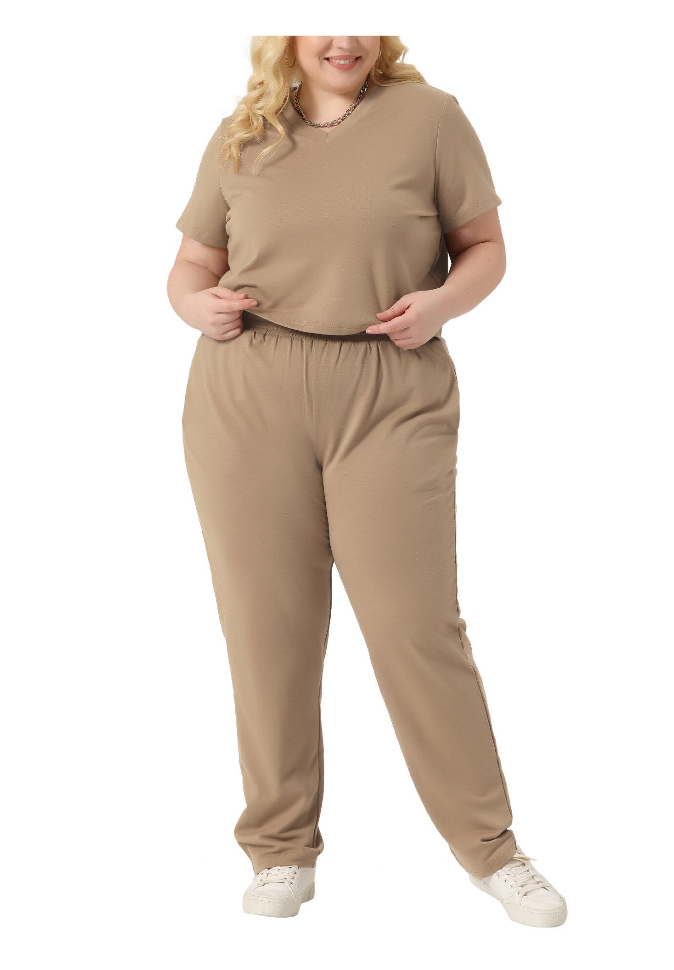 2 Piece Sports Outfit Short Sleeve Sweatshirt with Sweatpants, Khaki / Tan, alternate image number 1