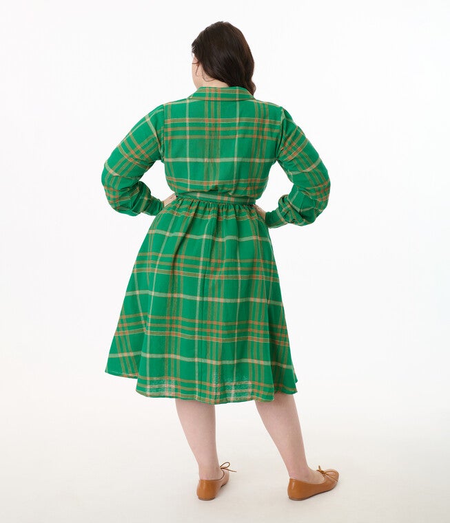 Unique Vintage Plus Size Green Plaid Belted Cotton Shirt Dress, Kelly Green / Kelly Green, alternate image number 1