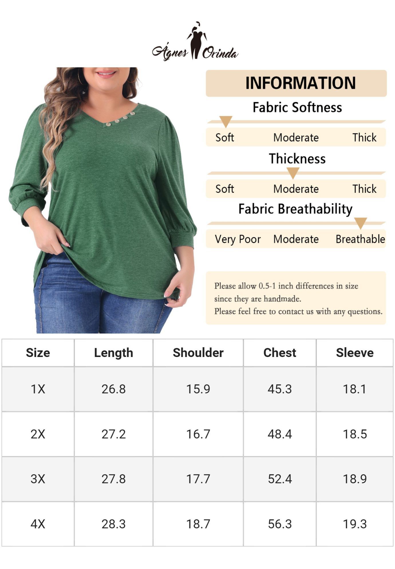 3/4 Sleeve V Neck Button Decor Blouse Shirt, Green / Kelly Green, alternate image number 4